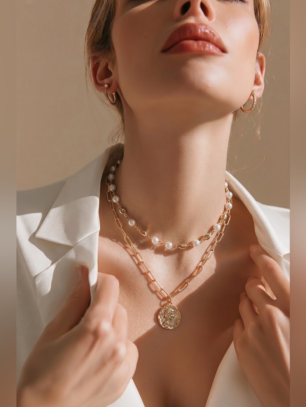 Nwt Nadinewest Double Strand Gold And Pearl Coin Necklace
